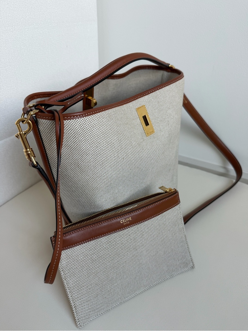 Celine Beige Canvas Bucket Bag with Brown Leather Trim and Gold Hardware - Picture 1 of 14